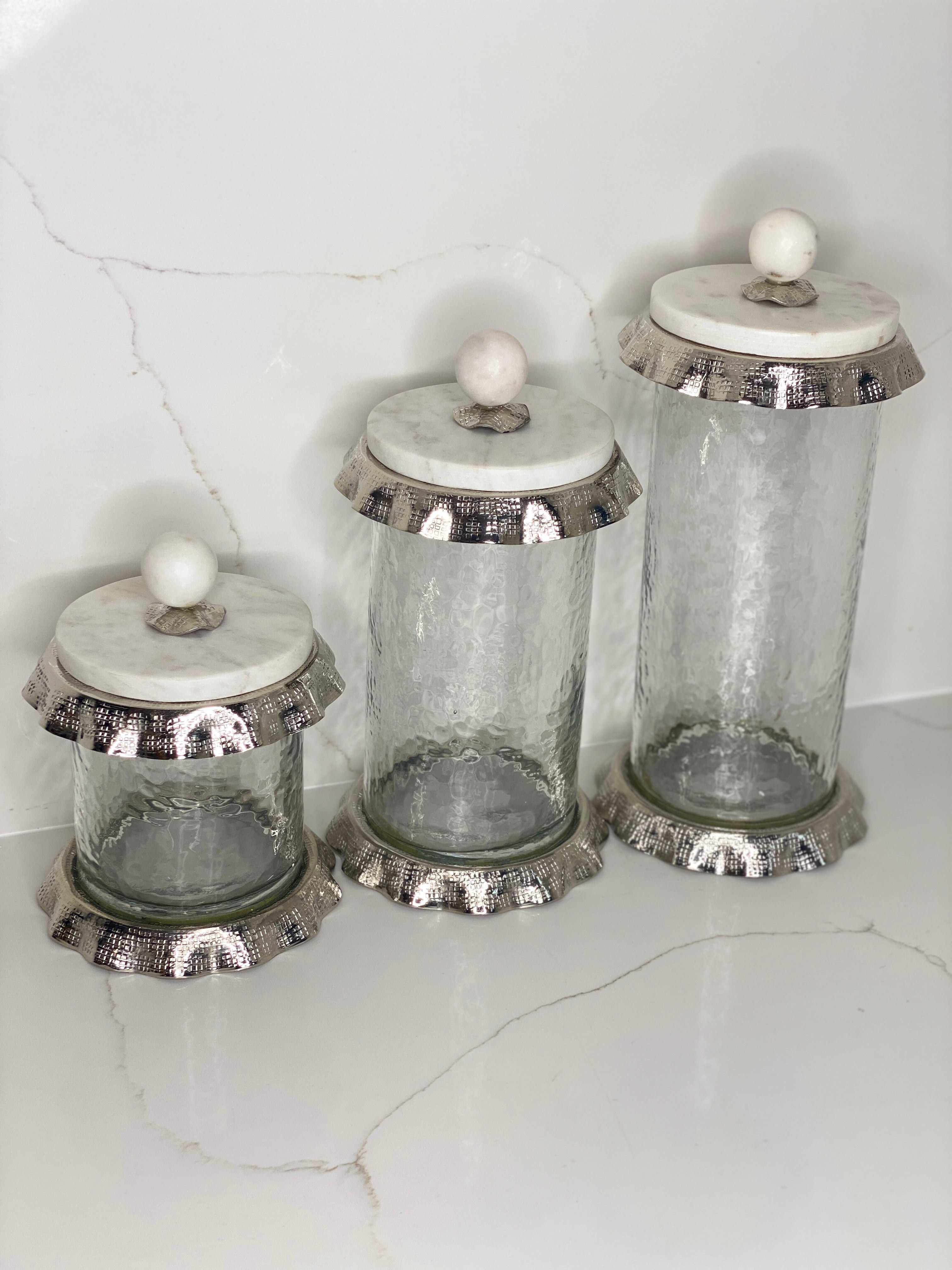 Silver Ruffle Hammered Glass Marble Canister