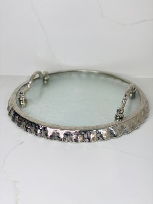 Silver Ruffle Hammered Glass Round Tray