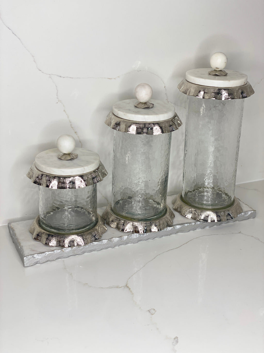 Silver Ruffle Hammered Glass Marble Canister