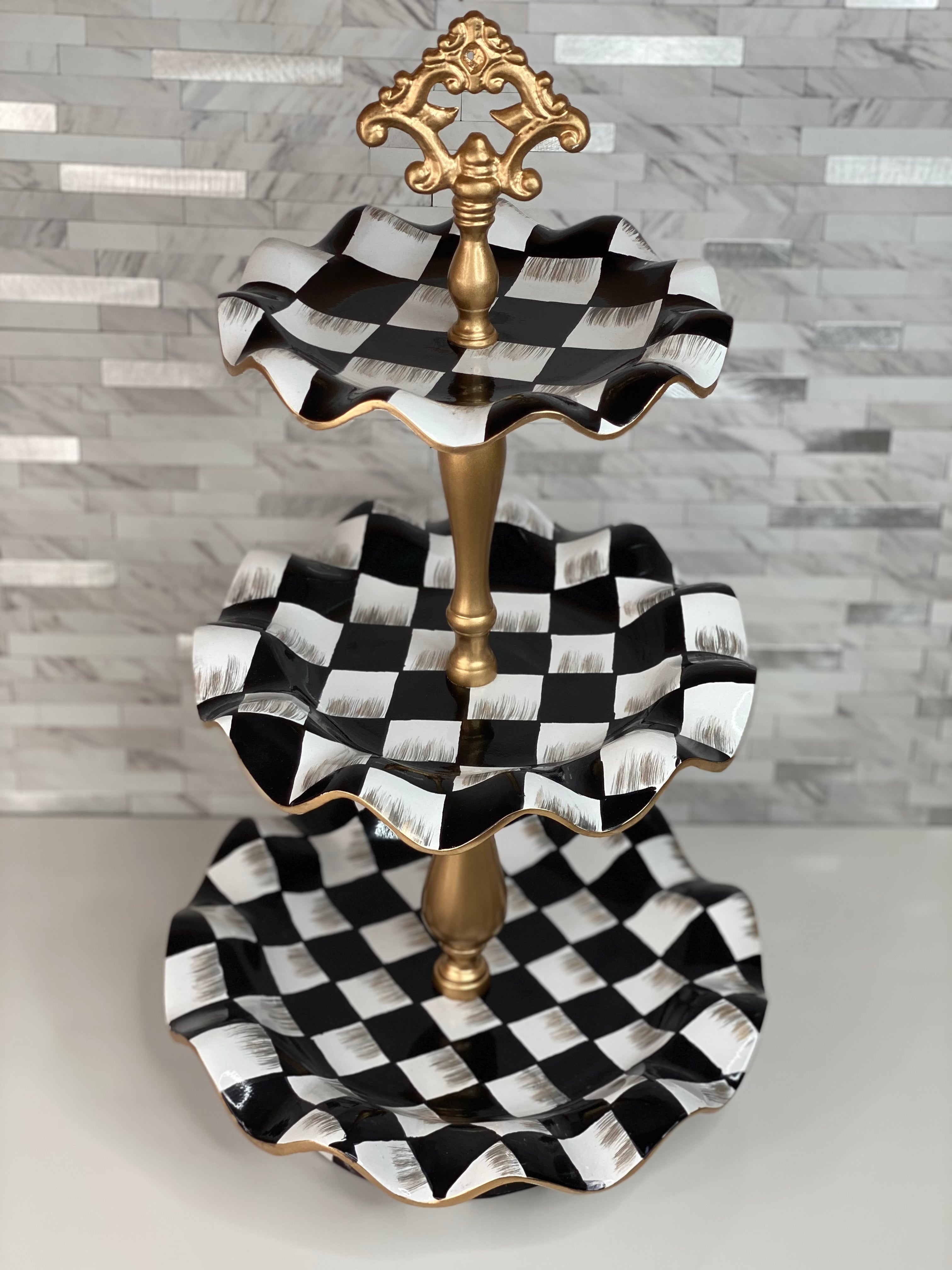 Three Tier fluted checkered cake stand