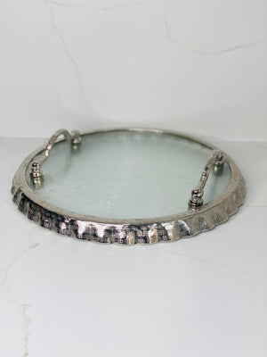 Silver Ruffle Hammered Glass Round Tray