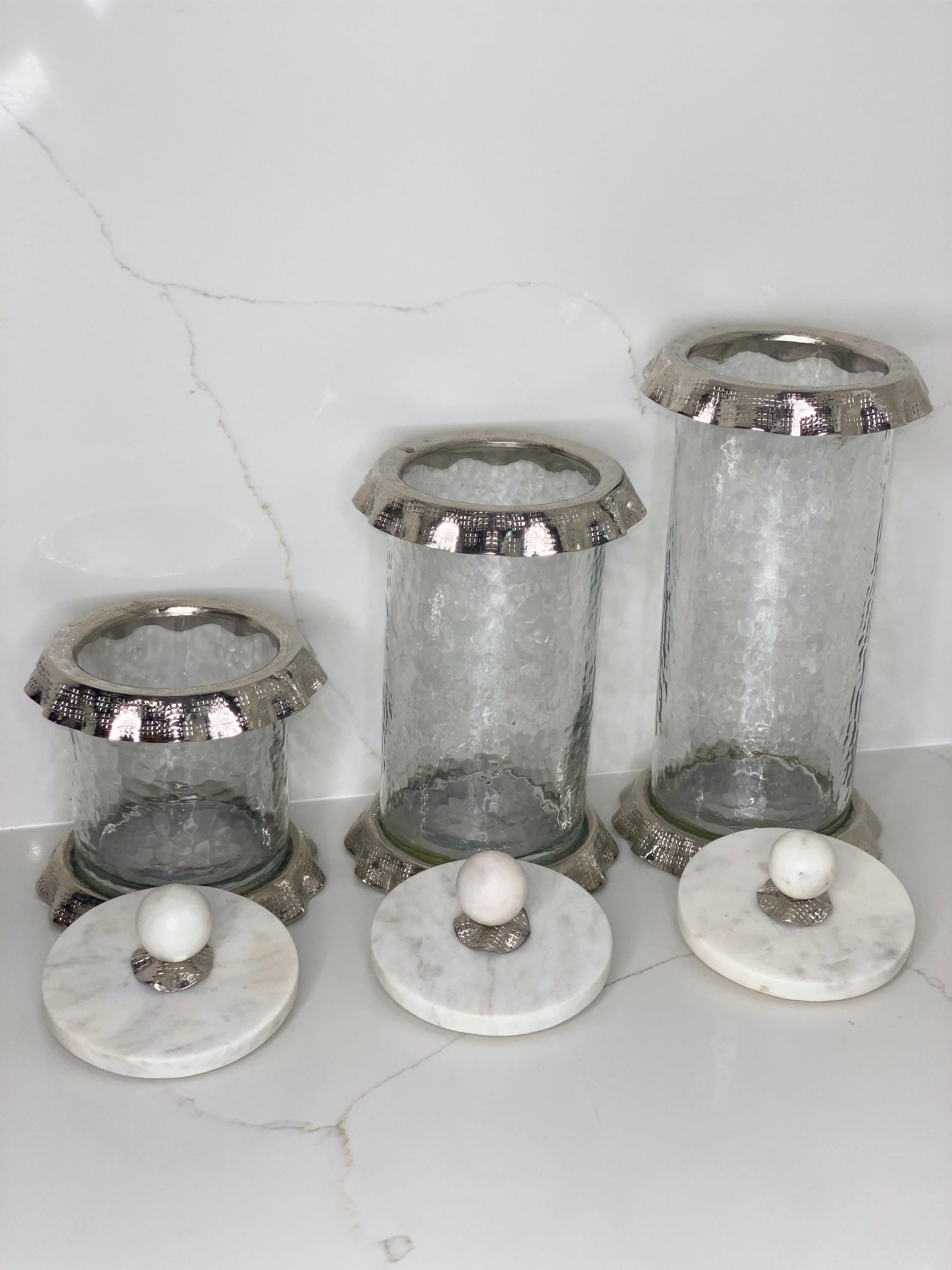 Silver Ruffle Hammered Glass Marble Canister