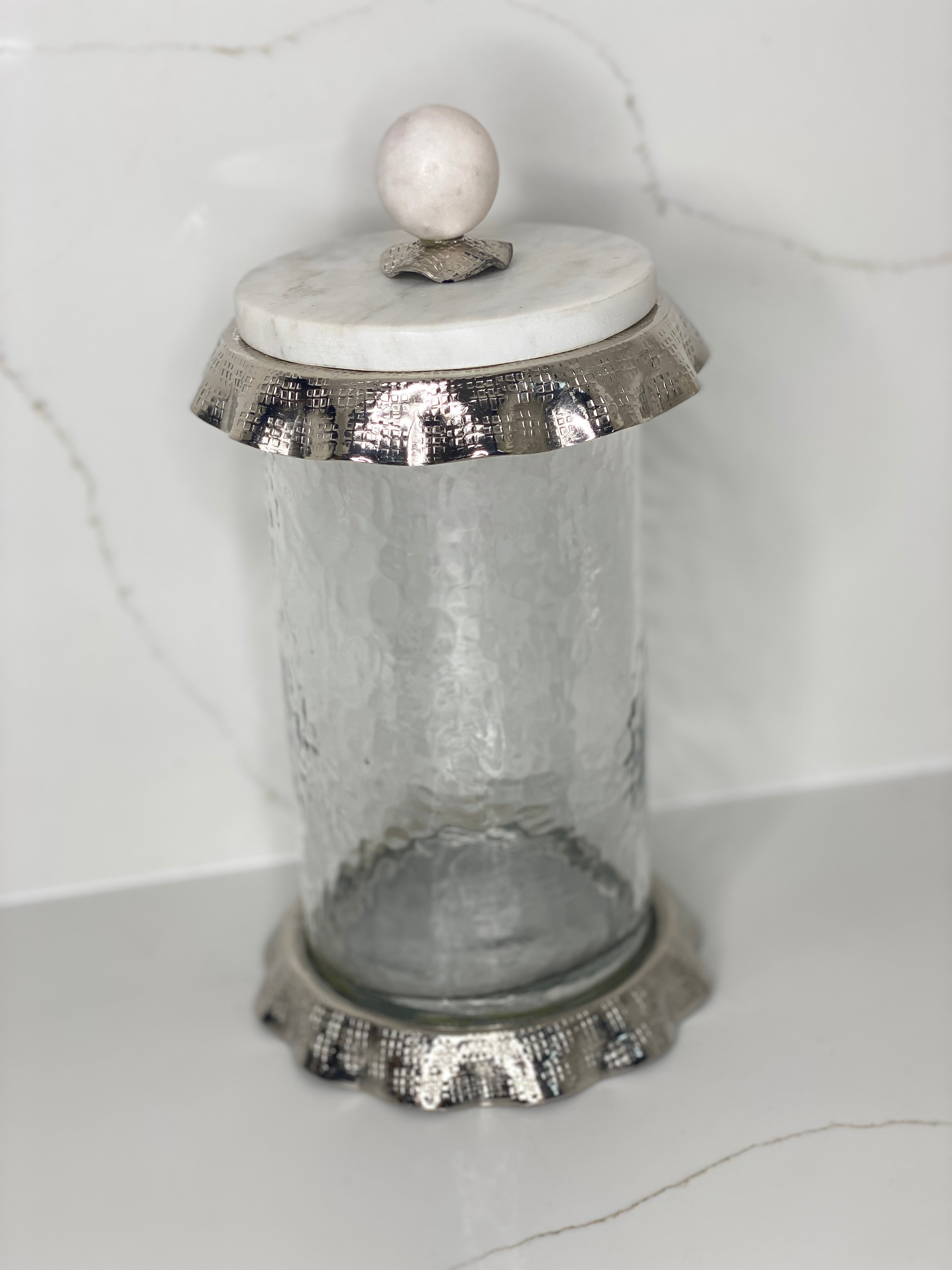 Silver Ruffle Hammered Glass Marble Canister
